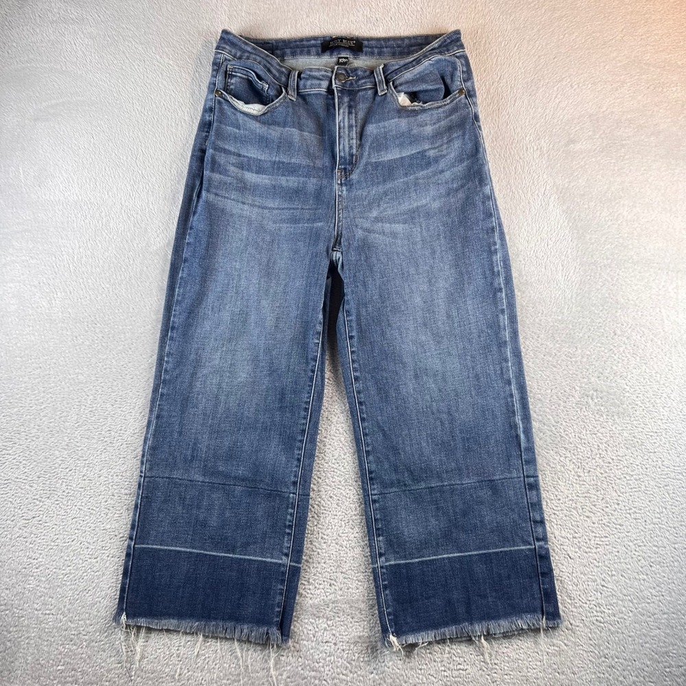 Judy Blue JB88490 High Rise Wide Leg Frayed Hem Jeans Blue Size 15/32